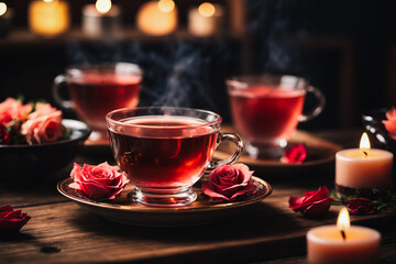 Steaming Rose Tea Cup on Wooden Table with Candles. Glass cup of green tea with leaves on wooden plate closeup