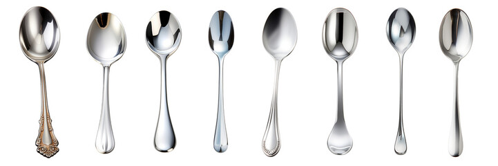 Collection of metal spoons isolated on transparent or white background