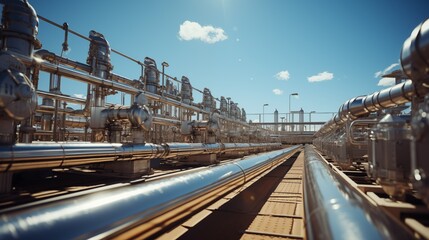 Oil Refinery Factory, Natural Gas Pipelines Industrial Zone, Natural Gas Processing, Eco-friendly Plant with Clean Pipelines in the Daytime