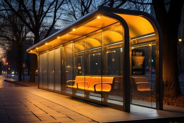 Obraz premium As the winter night sky looms above, a lone bench sits empty at the outdoor bus stop, illuminated by the soft yellow light of a nearby streetlamp, while a solitary tree stands tall against the backdr