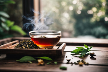 Traditional Loose Leaf Tea on a Wooden Tray, Dried various kinds of tea and wooden tray. Brown stone background with copy space, Glass cup of green tea with leaves on wooden plate closeup