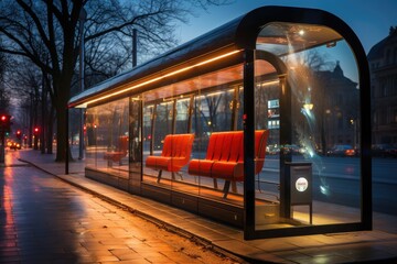 Naklejka premium Under the starry winter sky, a solitary bus stop with vibrant red seats stands tall against the city's bustling streets, providing a temporary shelter for weary travelers on the cold platform