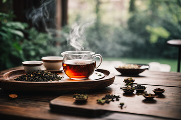 Traditional Loose Leaf Tea on a Wooden Tray, Dried various kinds of tea and wooden tray. Brown stone background with copy space, Glass cup of green tea with leaves on wooden plate closeup - obrazy, fototapety, plakaty