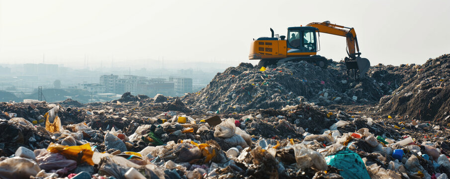 Pile of garbage and backhoe at waste depot, rubbish recycling business