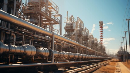 Fototapeta premium Oil Refinery Factory, Natural Gas Pipelines Industrial Zone, Natural Gas Processing, Eco-friendly Plant with Clean Pipelines in the Daytime