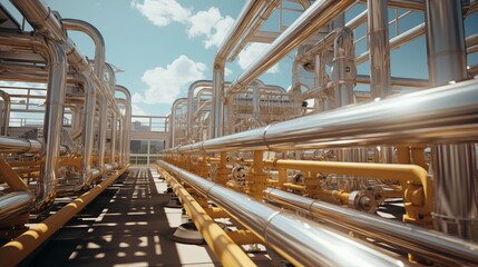 Fototapeta premium Oil Refinery Factory, Natural Gas Pipelines Industrial Zone, Natural Gas Processing, Eco-friendly Plant with Clean Pipelines in the Daytime