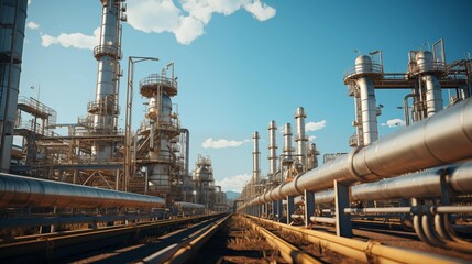 Oil Refinery Factory, Natural Gas Pipelines Industrial Zone, Natural Gas Processing, Eco-friendly Plant with Clean Pipelines in the Daytime