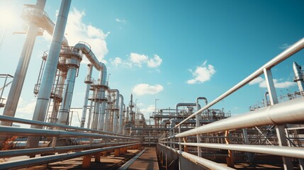 Fototapeta premium Oil Refinery Factory, Natural Gas Pipelines Industrial Zone, Natural Gas Processing, Eco-friendly Plant with Clean Pipelines in the Daytime