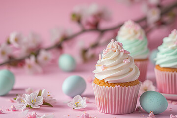 homemade easter holiday celebration cupcakes muffins treats in romantic pastel spring colours with frosting heart shaped sprinkles in magazine editorial look bakery baked