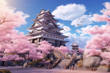3d illustration of Castle with beautiful cherry blossom in spring season in Japan