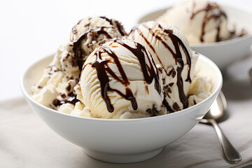 Delicious Bowl of Vanilla Ice Cream with Chocolate Sauce on a White Kitchen Counter 