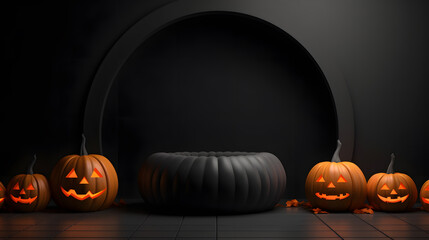 blank black podium and Halloween pumpkin background 