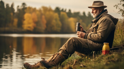 Obraz premium Happy mature man enjoying while fishing on river bank