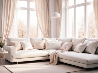 White cushions and cream color blanket on white sofa against of window. Scandinavian style interior design of modern living room, soft pastel colors 