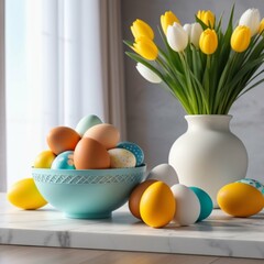 Easter still life with eggs in a nest and spring fresh flowers against the backdrop of a stylish modern interior.
