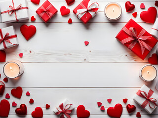 White wooden background postcard with red hearts, gift boxes and candles, Valentine's Day concept.