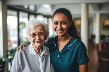 Portrait of a young female caregiver with senior patient at home
