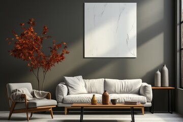 A minimalist living room exudes elegance and comfort with a sleek white couch and stylish coffee table, adorned with a vase and surrounded by modern furniture