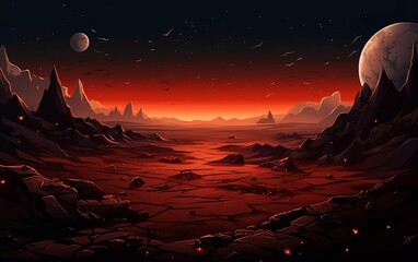 Mars surface, alien planet landscape. Very beautiful night space game background

