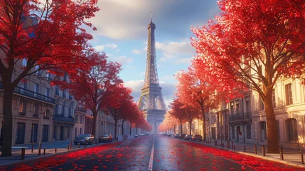 Foto op Canvas 3d illustration of street view of Paris. Artwork. eiffel tower . Red Tree. France © ImagineDesign