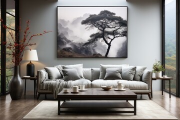 A cozy living room adorned with a striking painting, featuring a comfortable couch, elegant furniture, and artistic touches for the perfect indoor oasis