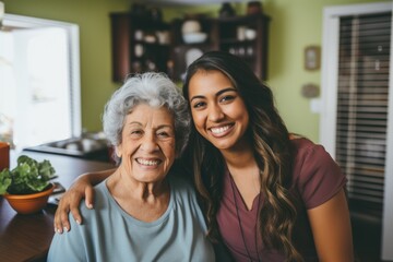 Portrait of a young female caregiver with senior patient at home