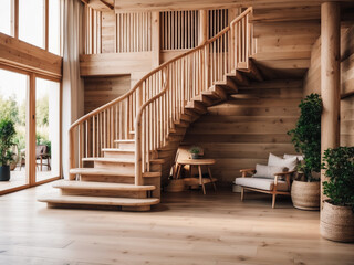 Wooden staircase in scandinavian rustic style interior design of modern entrance hall
