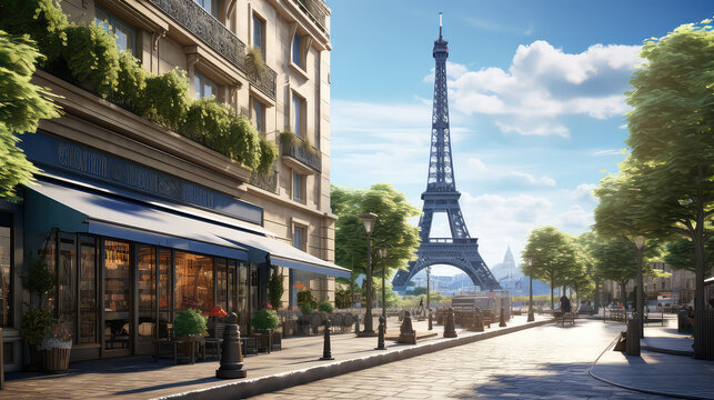 3d illustration of street view of Paris. Artwork. eiffel tower. France