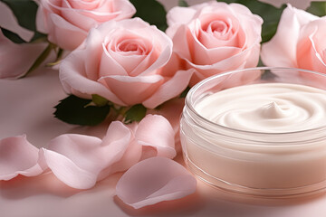 Obraz na płótnie Canvas Transparent cream surrounded by rose petals the background is bright and soft