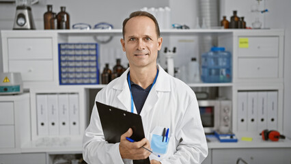 Handsome middle-aged scientist expresses joy, confidently holding clipboard in lab conducting...