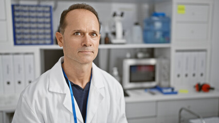 Serious-faced middle age man, a meticulous scientist, sitting immersed in his work, experimenting...