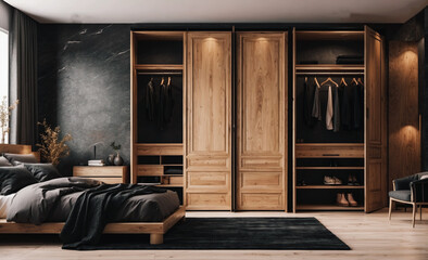 Wooden wardrobe with black marble doors in scandinavian style interior design of modern bedroom
