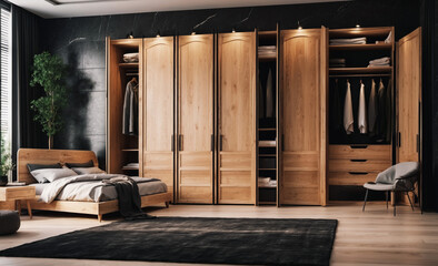 Wooden wardrobe with black marble doors in scandinavian style interior design of modern bedroom
