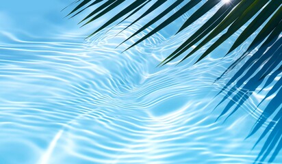 Fototapeta na wymiar palm leaf and shadow on abstract transparent blue water wave.