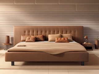 An ugly brown leather bed leaning against a concrete wall. Modern bedroom with loft interior design.