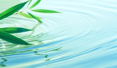 Naklejka na ściany i meble green bamboo leaf on water wave and stack. for Asian beauty spa concept banner