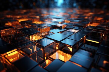 Obraz premium In the midst of a bustling city at night, a cluster of black and orange cubes illuminates the darkness with a vibrant and mysterious glow