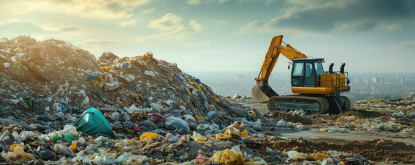 Pile of garbage and backhoe at waste depot, rubbish recycling business