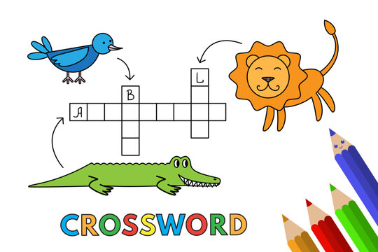 Cute animals crossword with lion, alligator and bird. Vector illustration for children education
