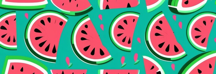 Cartoon fresh green open watermelon half, slices on cyan background. Sliced cocktail water melon...