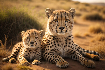 Witness the majestic bond between a cheetah and its adorable cub.