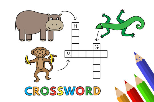 Cute animals crossword with hippo, monkey and gecko. Vector illustration for children education