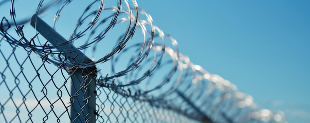 Prison security fence, barbed wire security fence - obrazy, fototapety, plakaty
