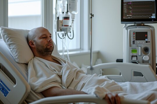 Man in hospital bed with a drip bag Generative AI