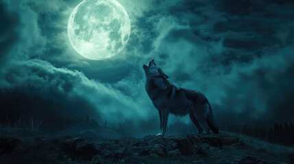 a wolf howling in the wild, big fool moon and clouds is background. terrible, horror lonely, scary, creepy concept.