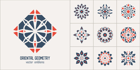 Arabic circular geometric symbols set. Vector monochrome mosaic oriental ornamental emblems for logos, patterns and design