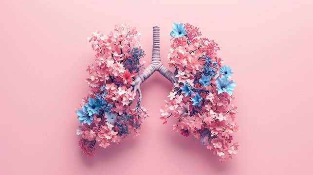 A colorful illustration of a lung with flowers and a blue ribbon Generative AI