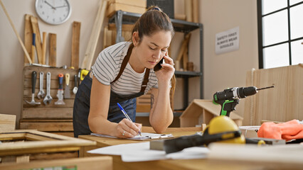 A focused woman in a carpentry workshop talks on the phone while taking notes amidst tools and woodwork.