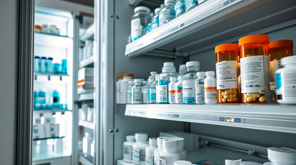 Pharmacy interior with a focus on medication and healthcare products, providing a diverse range of medical supplies - obrazy, fototapety, plakaty
