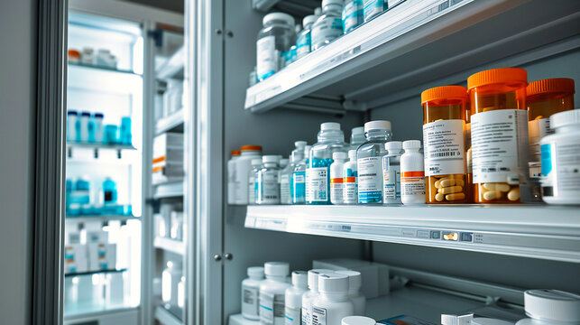 Pharmacy Interior With A Focus On Medication And Healthcare Products, Providing A Diverse Range Of Medical Supplies